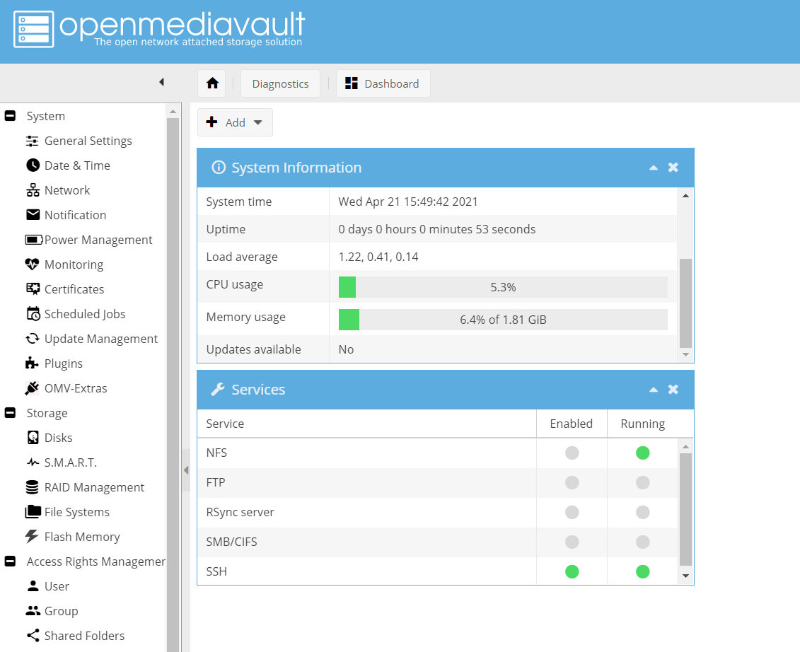 OMV GUI dashboard