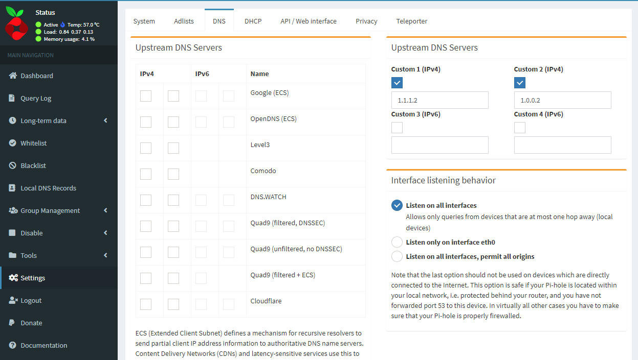 Pi-hole DNS settings GUI