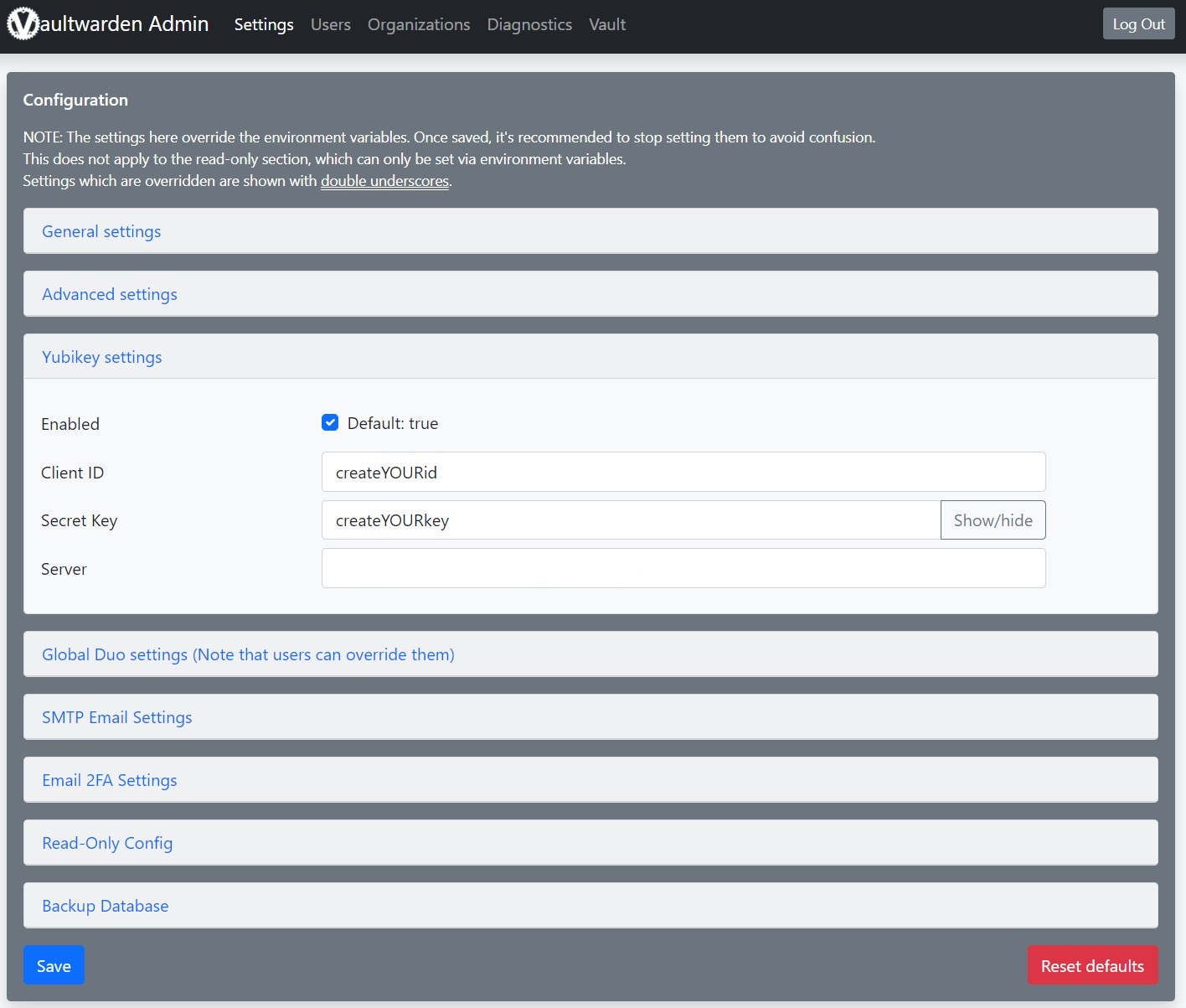 Vaultwarden admin panel