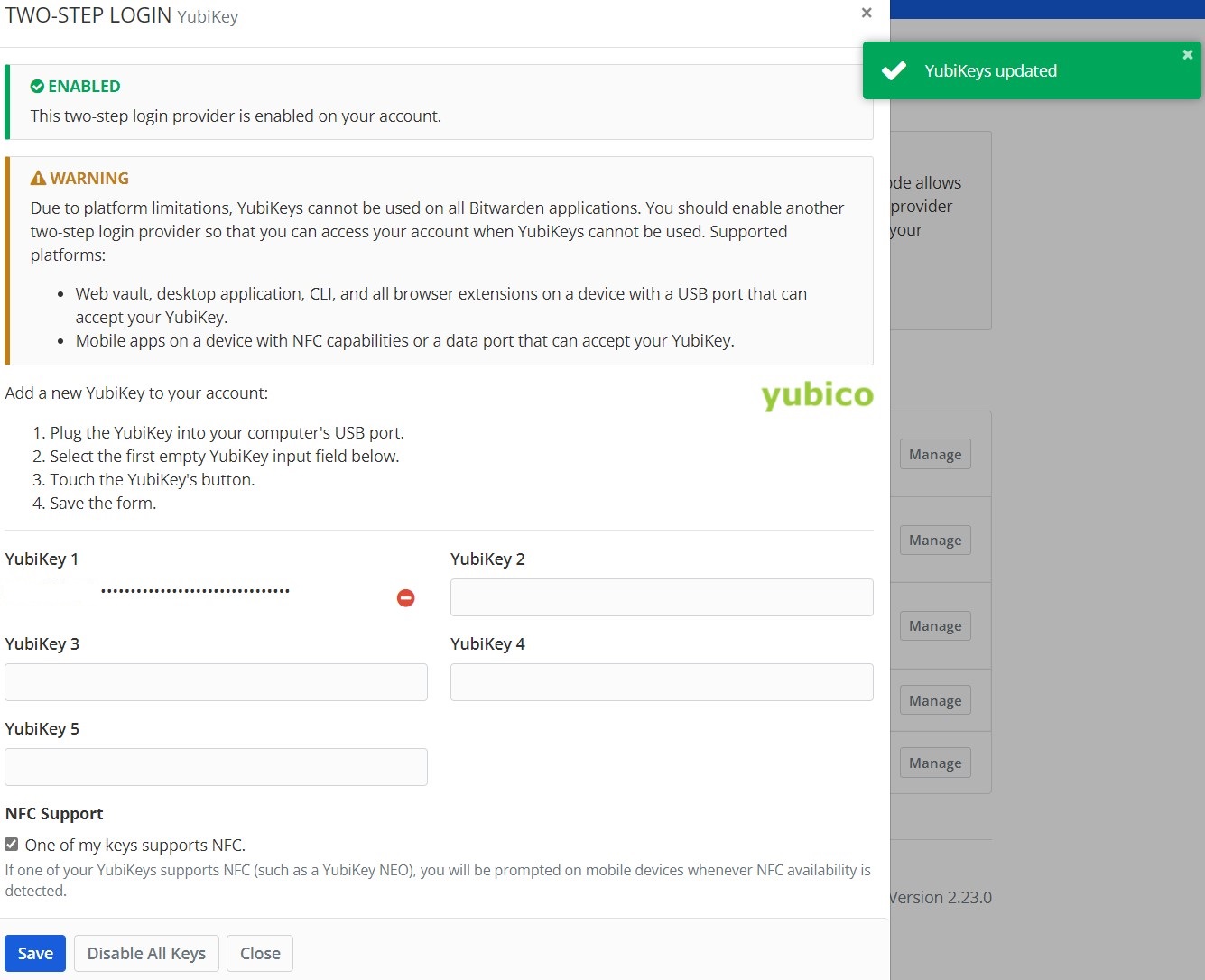 Vaultwarden settings on Yubikey