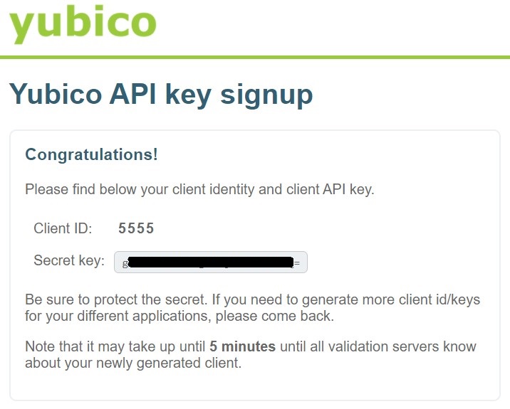 YubiKey client and secret key generated