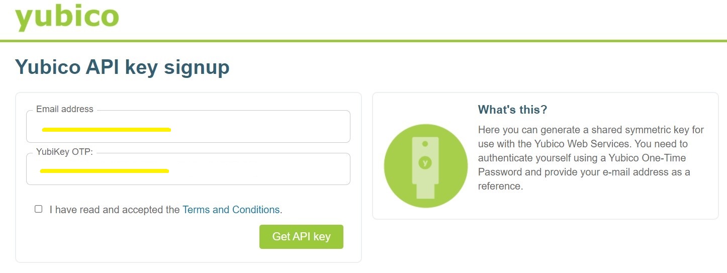 Yubico API key signup