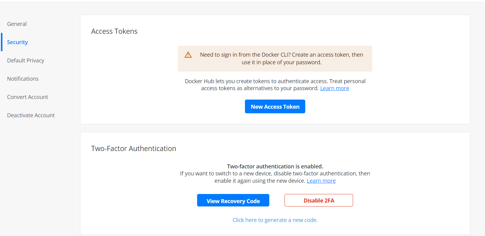 2FA settings Dockerhub